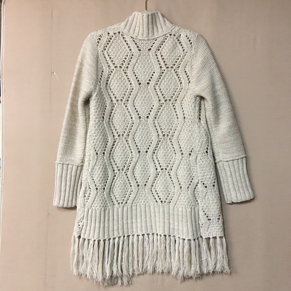 Fylo Cream Pattern Wool Blend Fringe Bottom Open Front Cardigan. Sz M - Picture 2 of 8